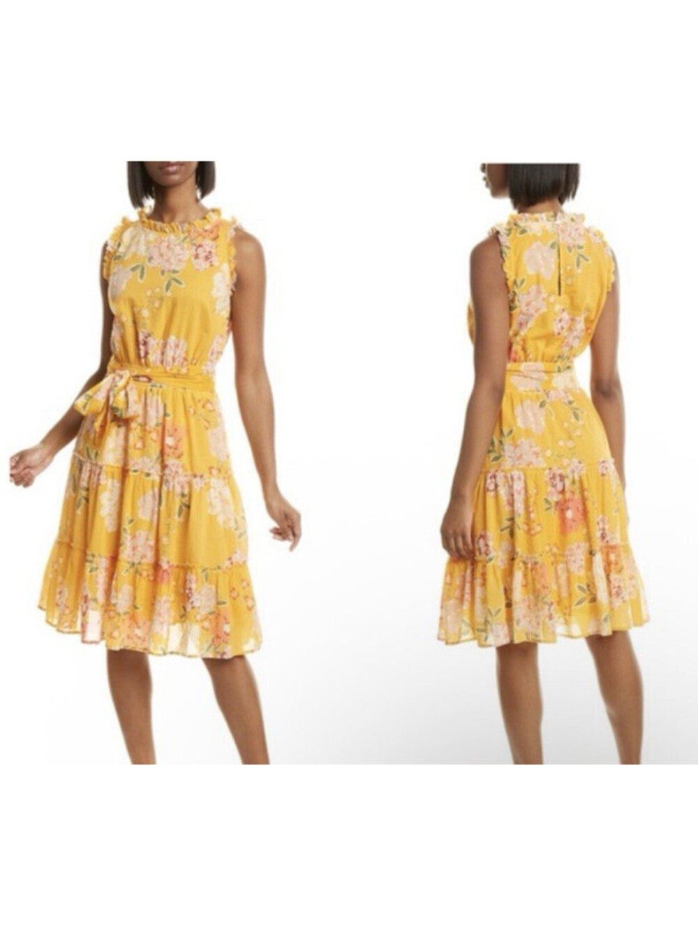 Roller Rabbit Semara Naoki S Yellow Tiered Floral Ruffle Sleeveless Midi Dress